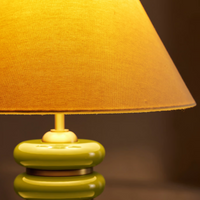 Greyson Table Lamp by Soho Home. High-gloss olive lacquered base. Antique brass details. Linen shade. Inspired by Soho House.