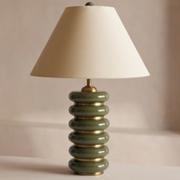 Greyson Table Lamp by Soho Home. High-gloss olive lacquered base. Antique brass details. Linen shade. Inspired by Soho House.