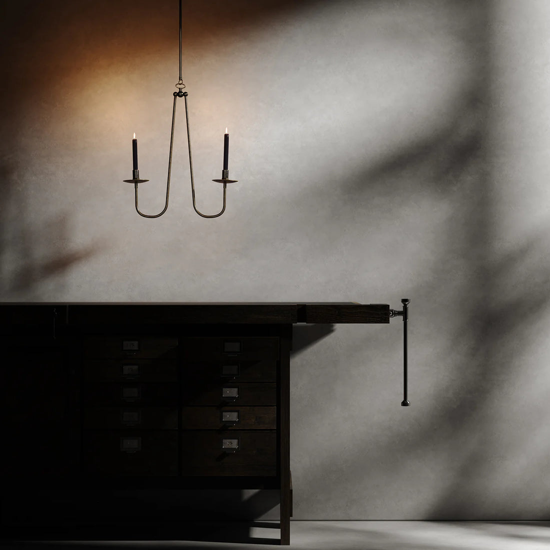 RENZO SERAFINI | PENOMBRA DOUBLE-ARM DARK BRASS CEILING CANDELABRUM