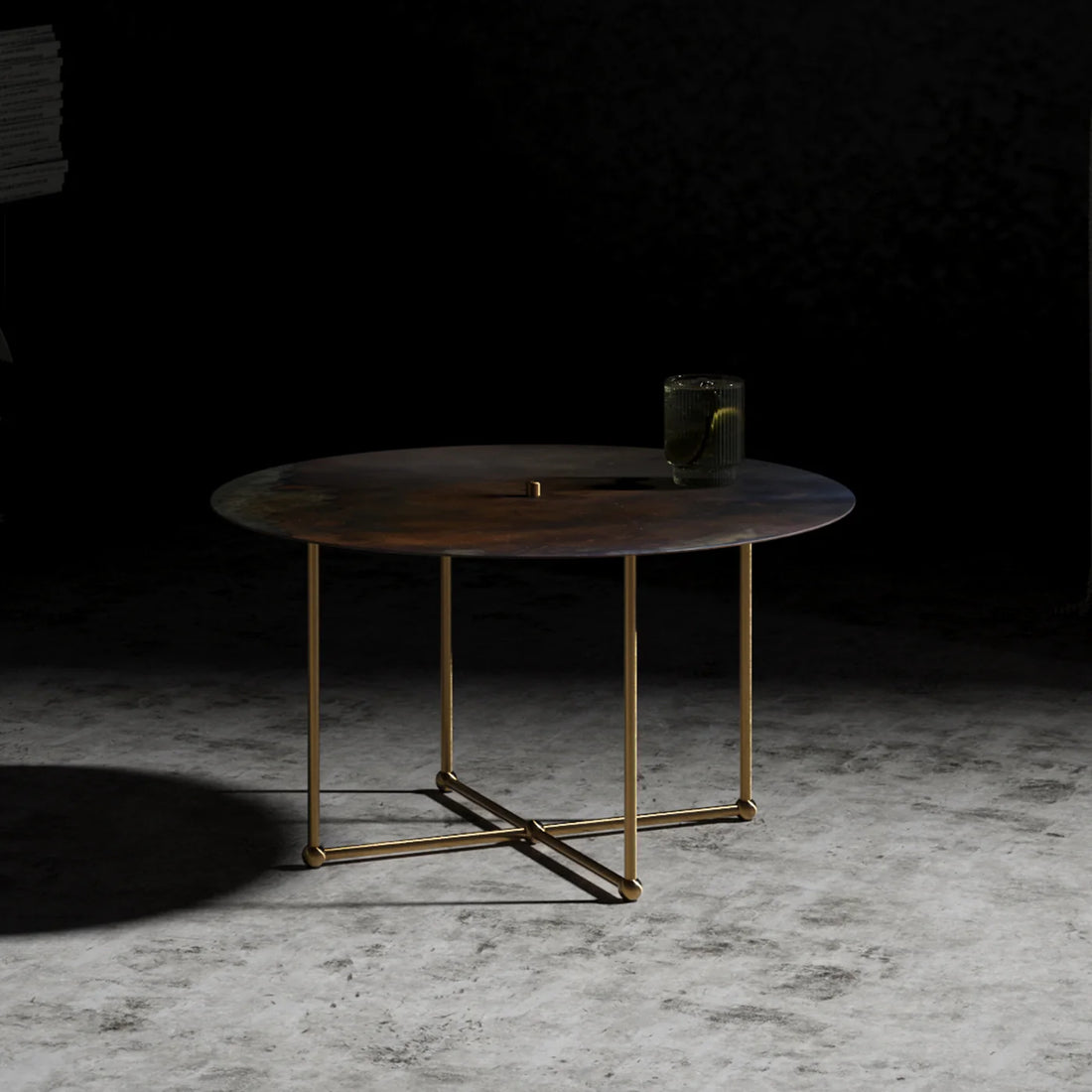 RENZO SERAFINI | QUATTRO QUARTI ROUND BROWN STEEL COFFEE TABLE WITH LED LIGHT