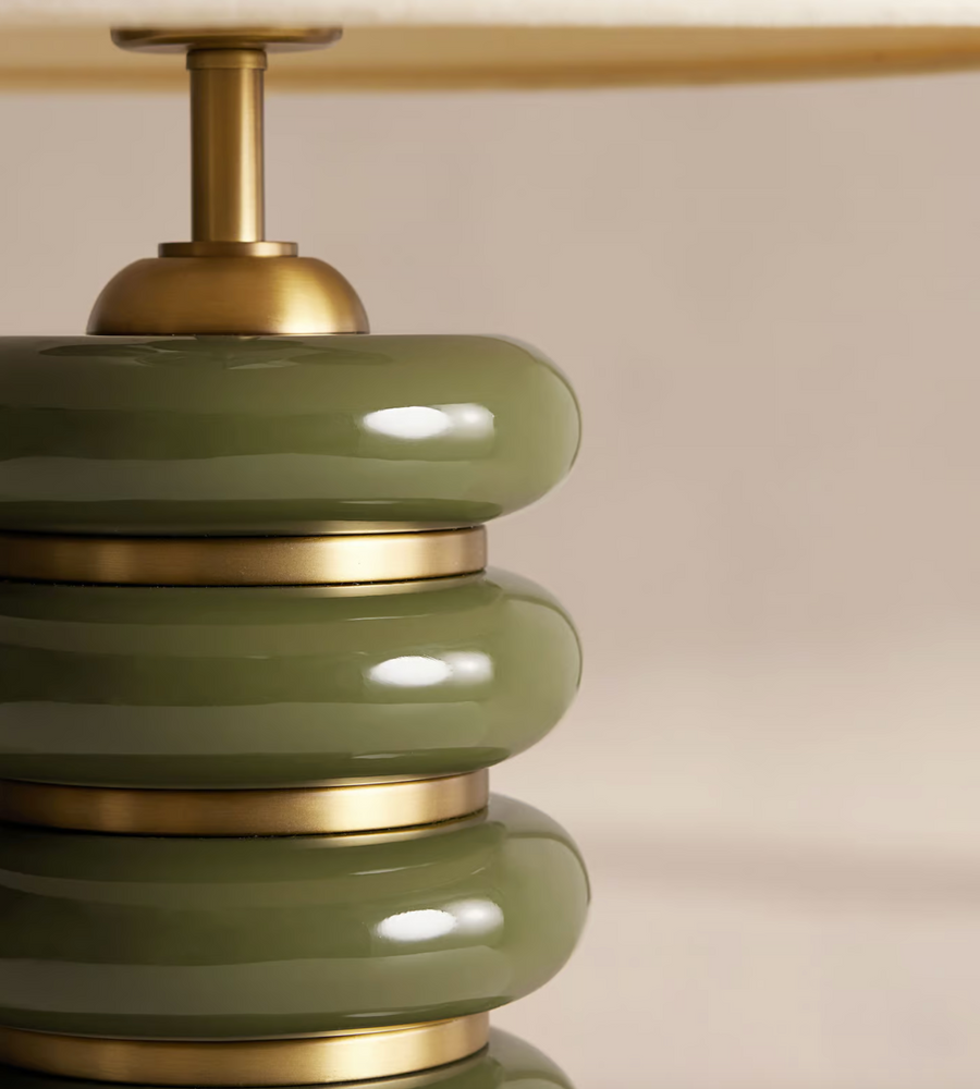 Greyson Table Lamp by Soho Home. High-gloss olive lacquered base. Antique brass details. Linen shade. Inspired by Soho House.