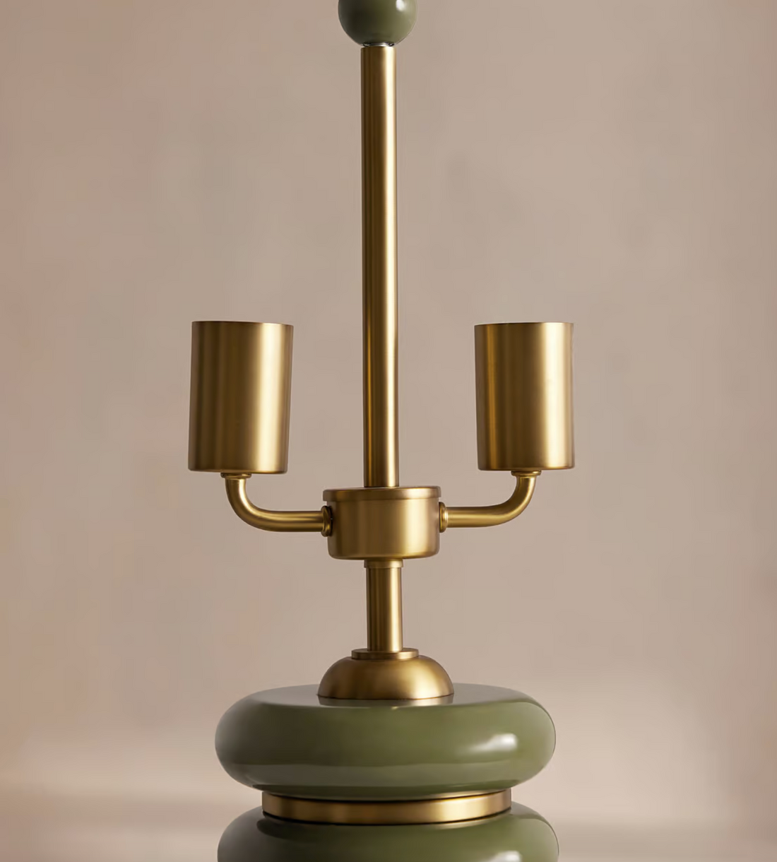 Greyson Table Lamp by Soho Home. High-gloss olive lacquered base. Antique brass details. Linen shade. Inspired by Soho House.