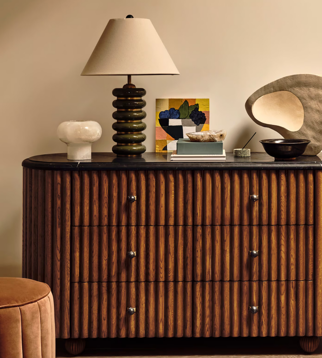Greyson Table Lamp by Soho Home. High-gloss olive lacquered base. Antique brass details. Linen shade. Inspired by Soho House.