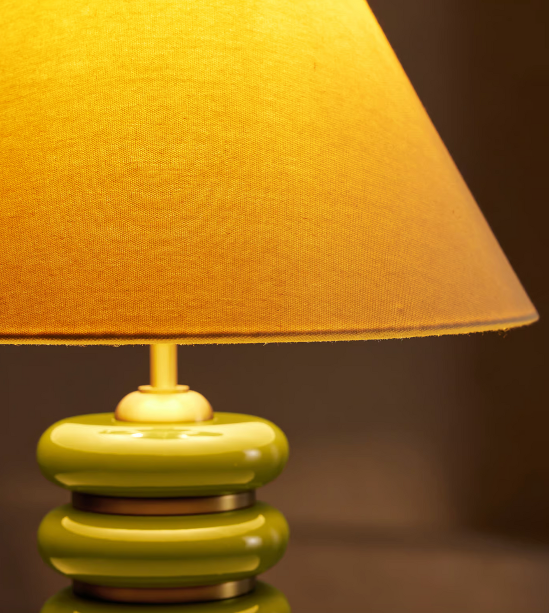 Greyson Table Lamp by Soho Home. High-gloss olive lacquered base. Antique brass details. Linen shade. Inspired by Soho House.