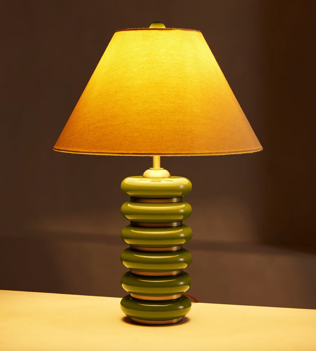 Greyson Table Lamp by Soho Home. High-gloss olive lacquered base. Antique brass details. Linen shade. Inspired by Soho House.