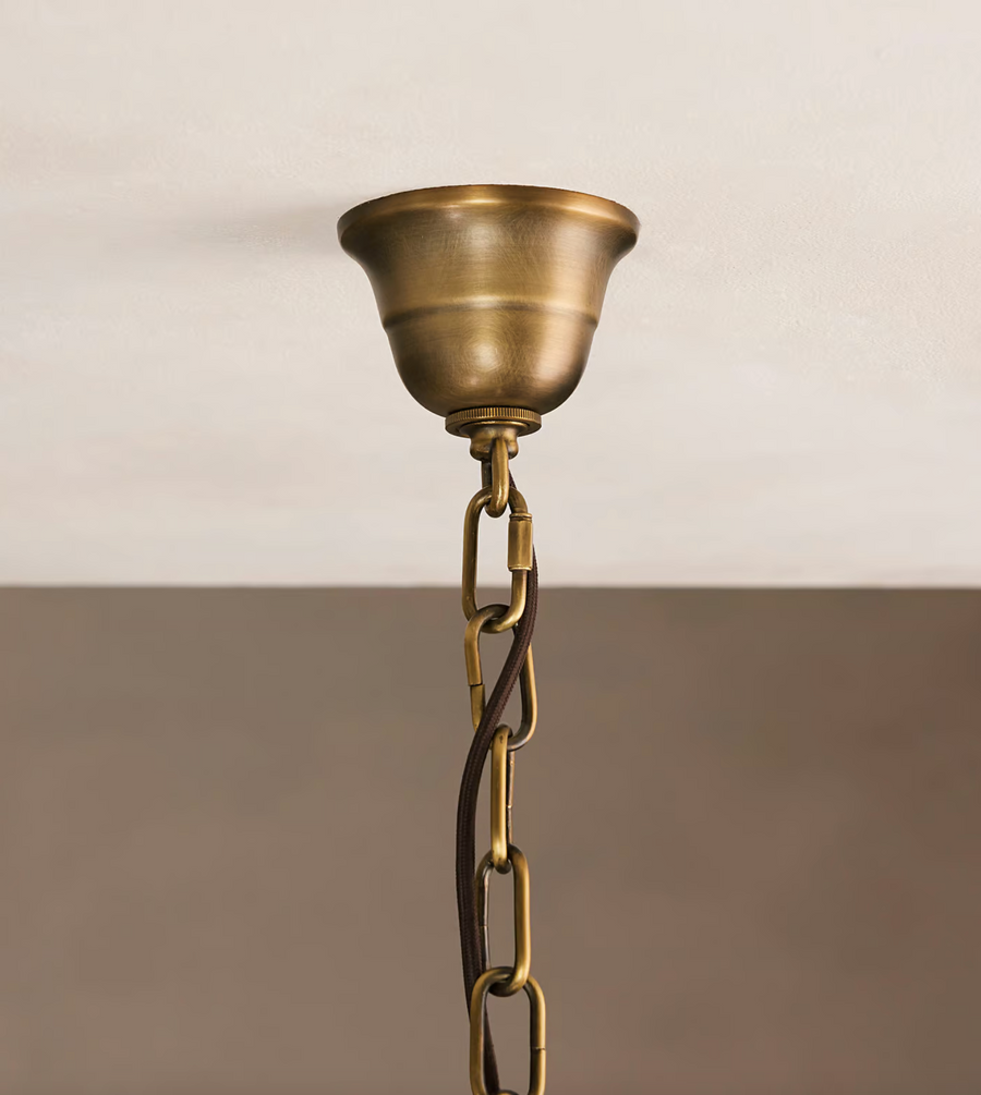 Chiara Chandelier by Soho Home. Multiple green ombre, scalloped glass tubular sections. Hand-finished by skilled artisans. Inspired by Soho Home.