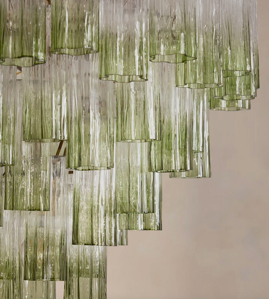 Chiara Chandelier by Soho Home. Multiple green ombre, scalloped glass tubular sections. Hand-finished by skilled artisans. Inspired by Soho Home.
