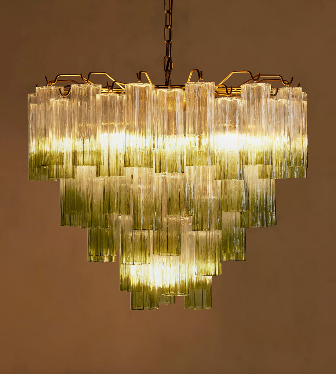 Chiara Chandelier by Soho Home. Multiple green ombre, scalloped glass tubular sections. Hand-finished by skilled artisans. Inspired by Soho Home.