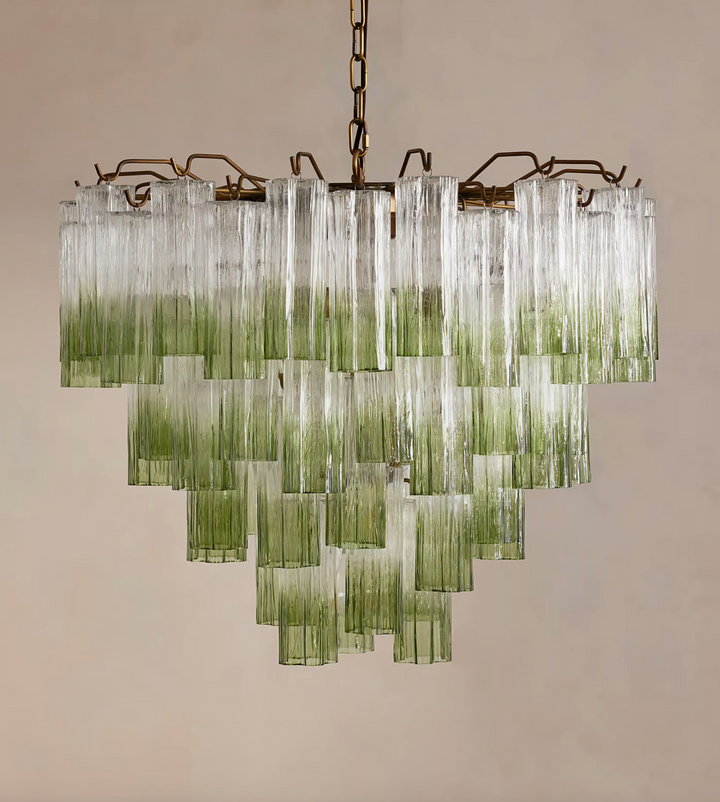 Chiara Chandelier by Soho Home. Multiple green ombre, scalloped glass tubular sections. Hand-finished by skilled artisans. Inspired by Soho Home.