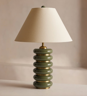 Greyson Table Lamp by Soho Home. High-gloss olive lacquered base. Antique brass details. Linen shade. Inspired by Soho House.