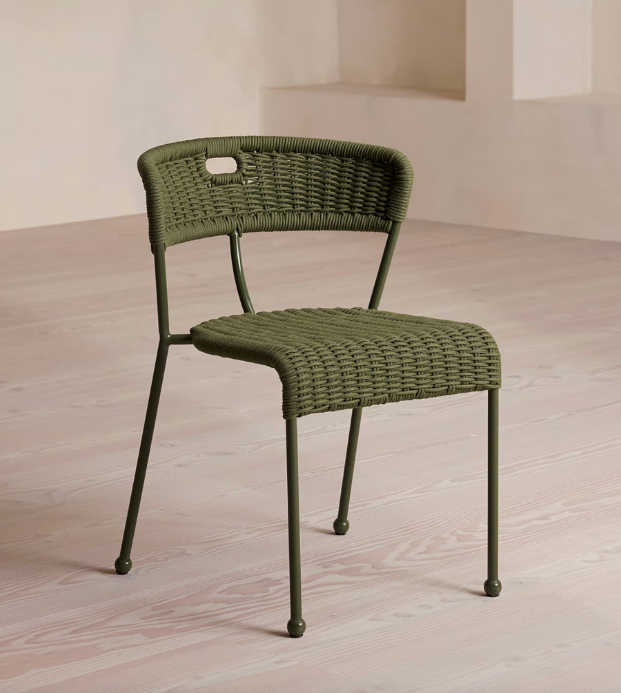 Lisson dining chairs by Soho Home  crafted using a bespoke hand-dyed woven rope suspension. Olive green colour and stackable design.