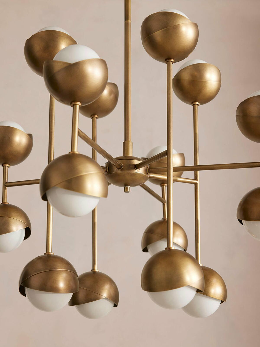 Seed Chandelier by Soho Home. Cluster of bisected orbs in hand-applied patinated brass. Inspired by Soho House.
