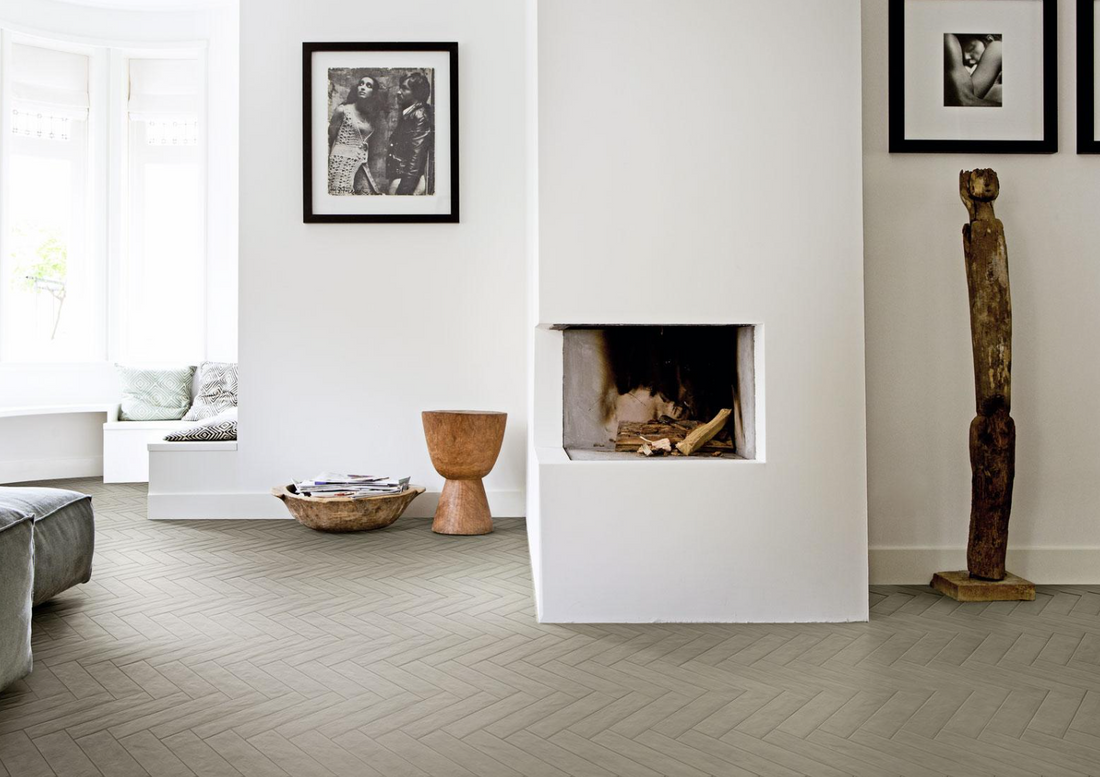 The Tile People Marazzi Bricco Porcelain Wall and Floor Tile. Herringbone layout.