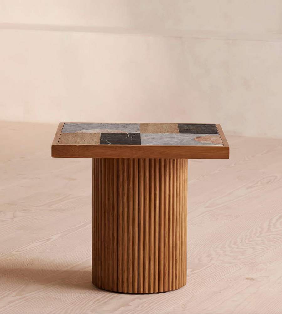 Cavern Side Table by Soho Home. A mix of travertine and honed Jade Shell, Golden Portoro and Grey Pesco marble with inlay pattern. Solid oak fluted base. Inspired by Soho House.