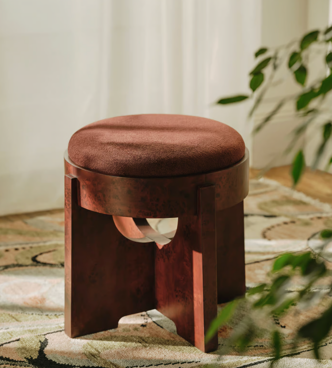 DARLTON BURL FOOTSTOOL | LINEN CHENILLE, BORDEAUX