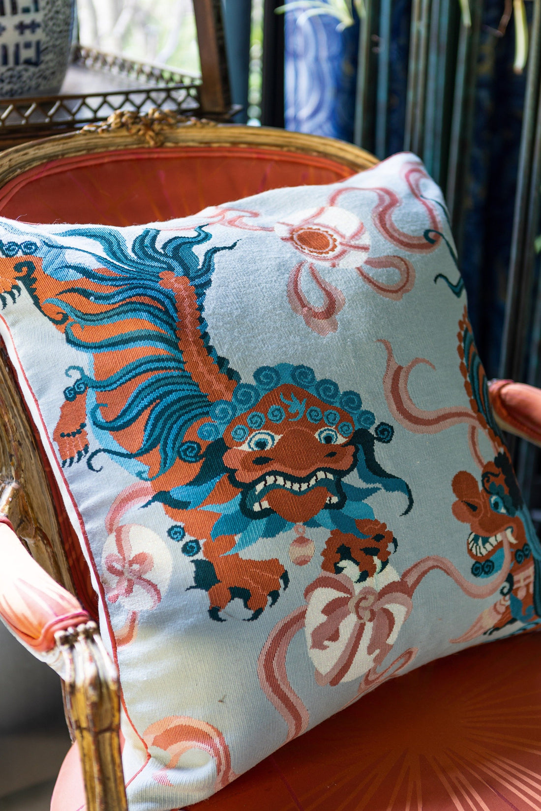 GUO PEI | LION DANCE BLUE CUSHION