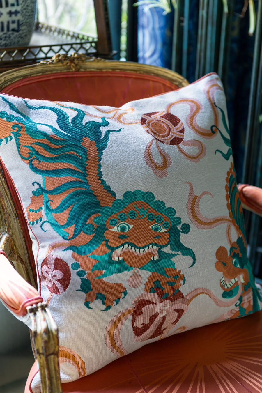 GUO PEI | LION DANCE PINK CUSHION