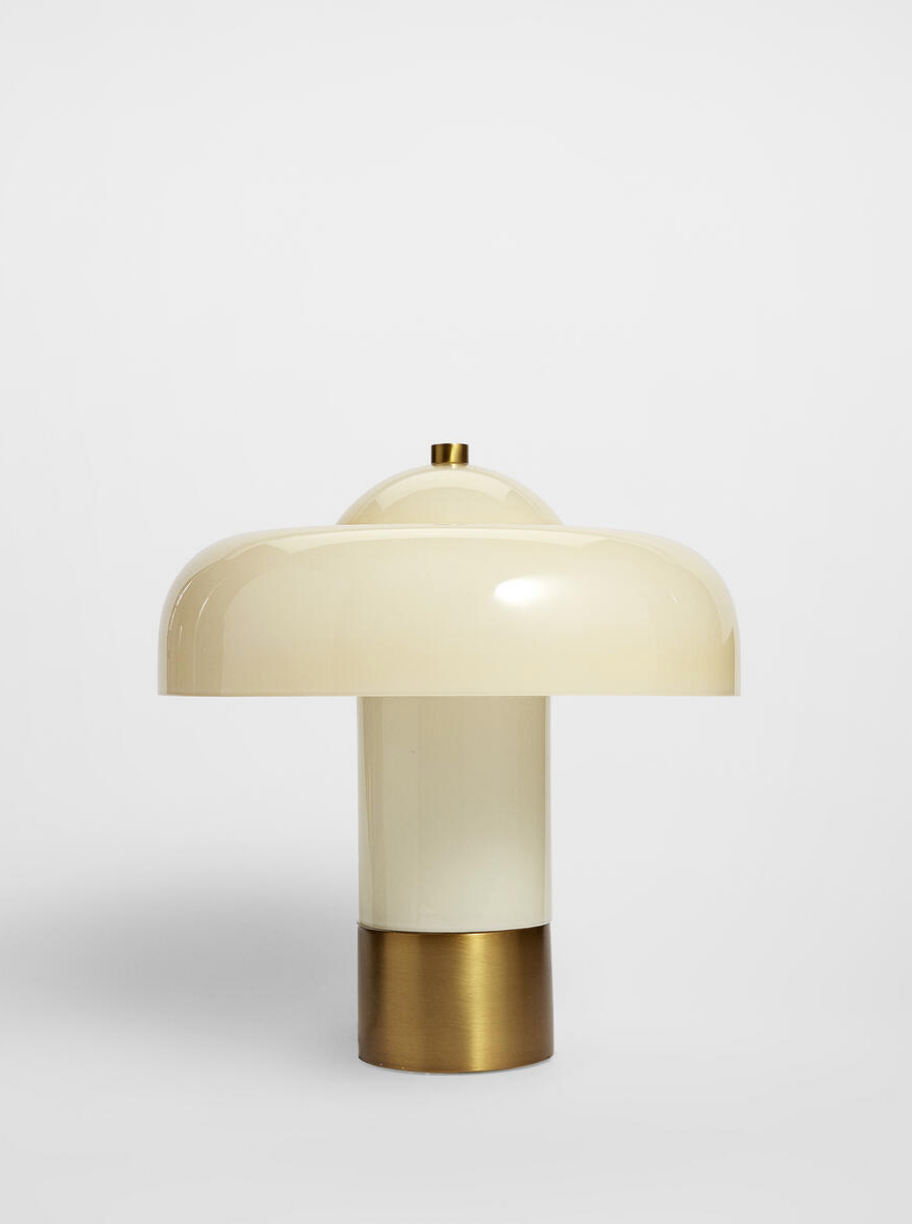 Soho Home Giovanni Table Lamp Cream. Crafted white domed glass. Aged brass details. Dimmable light.