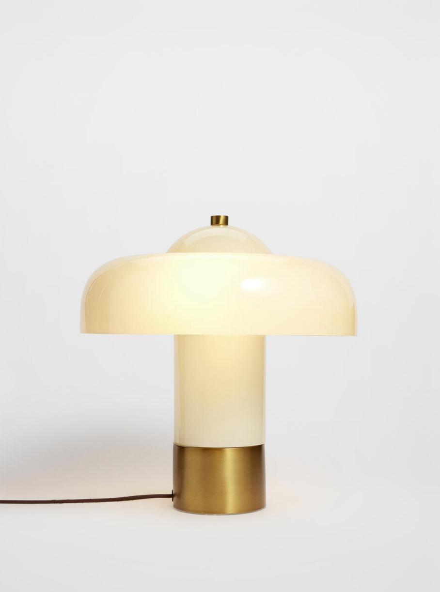 Soho Home Giovanni Table Lamp Cream. Crafted white domed glass. Aged brass details. Dimmable light.