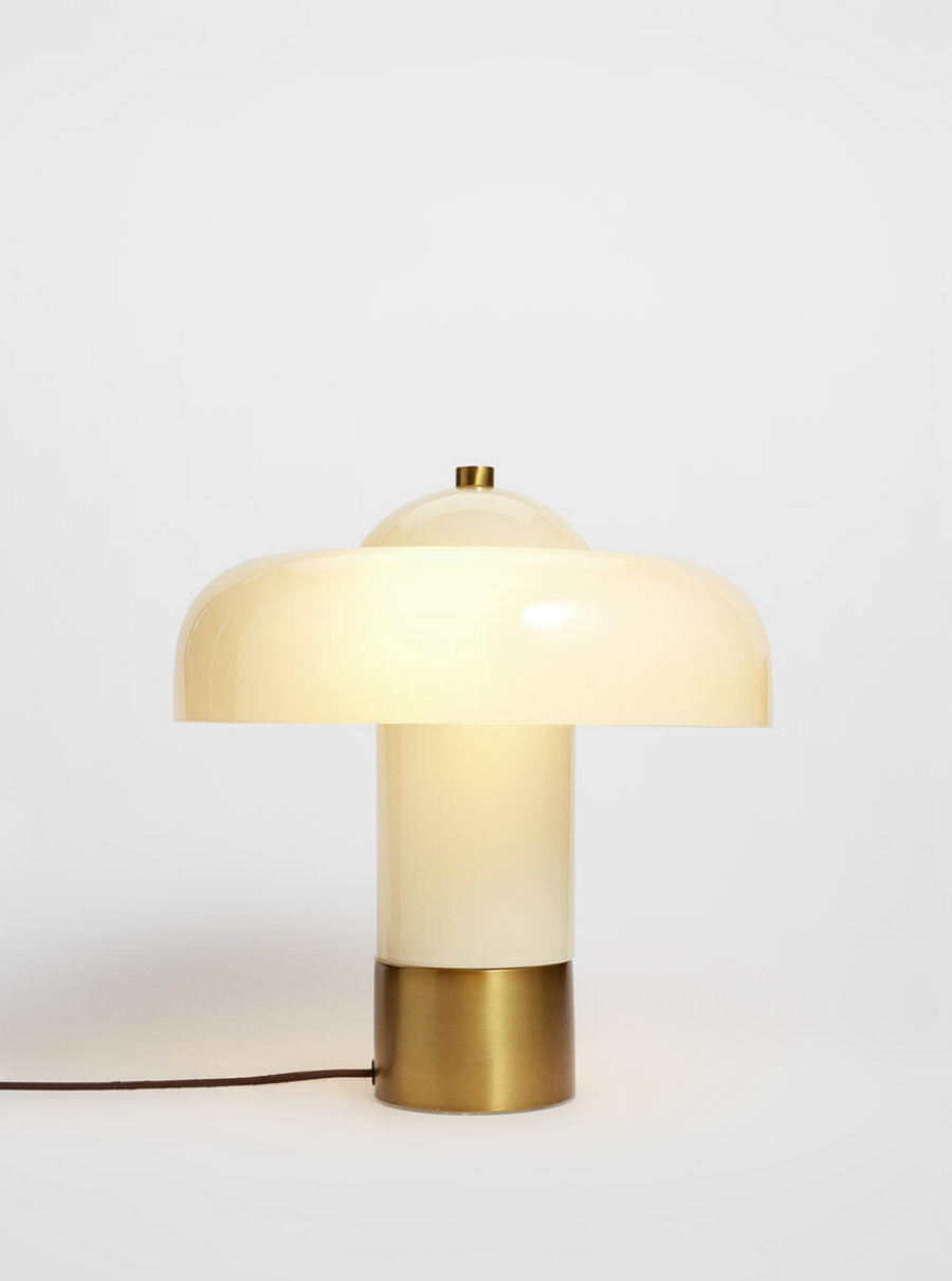 Soho Home Giovanni Table Lamp Cream. Crafted white domed glass. Aged brass details. Dimmable light.
