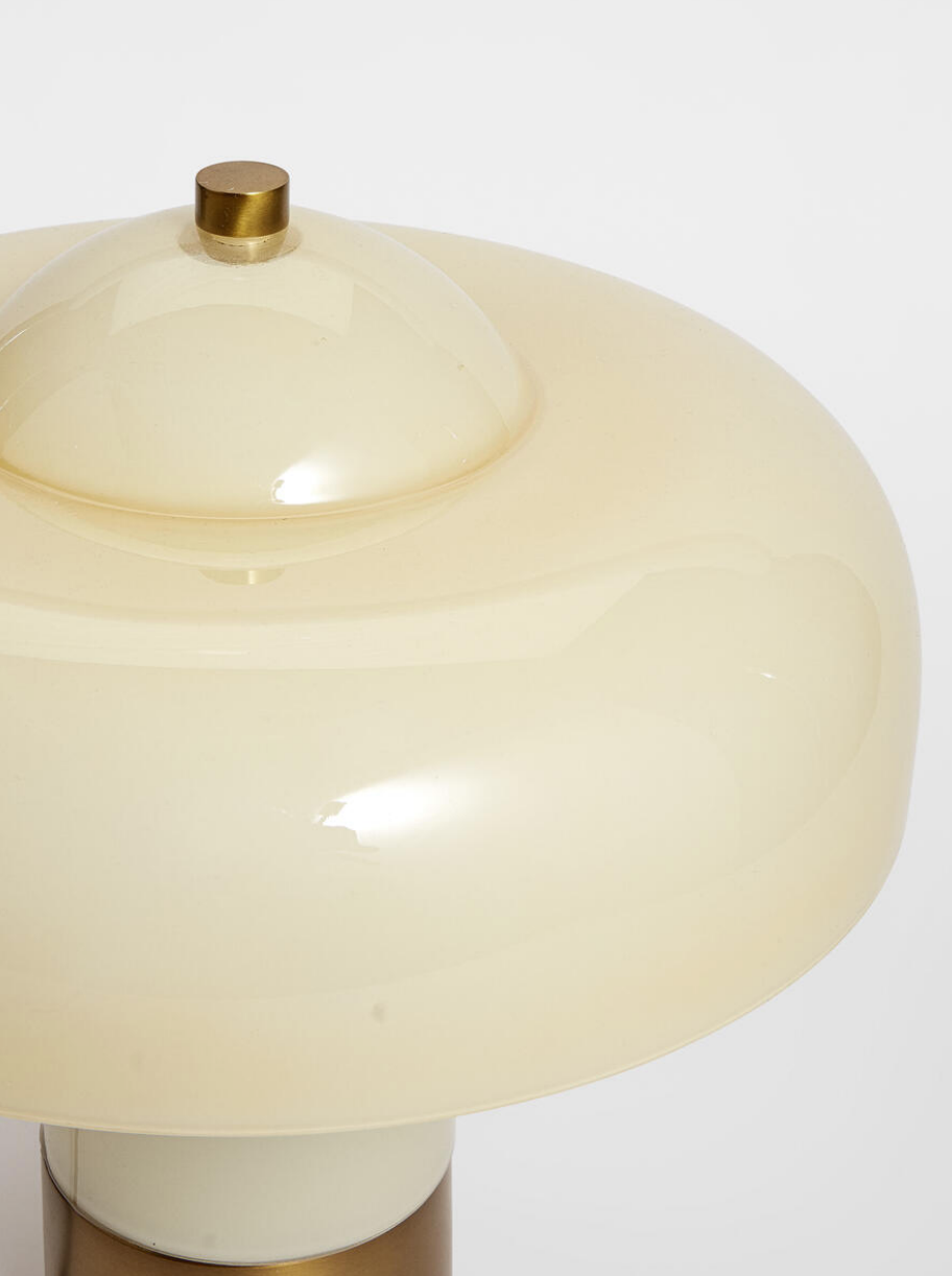 Soho Home Giovanni Table Lamp Cream. Crafted white domed glass. Aged brass details. Dimmable light.